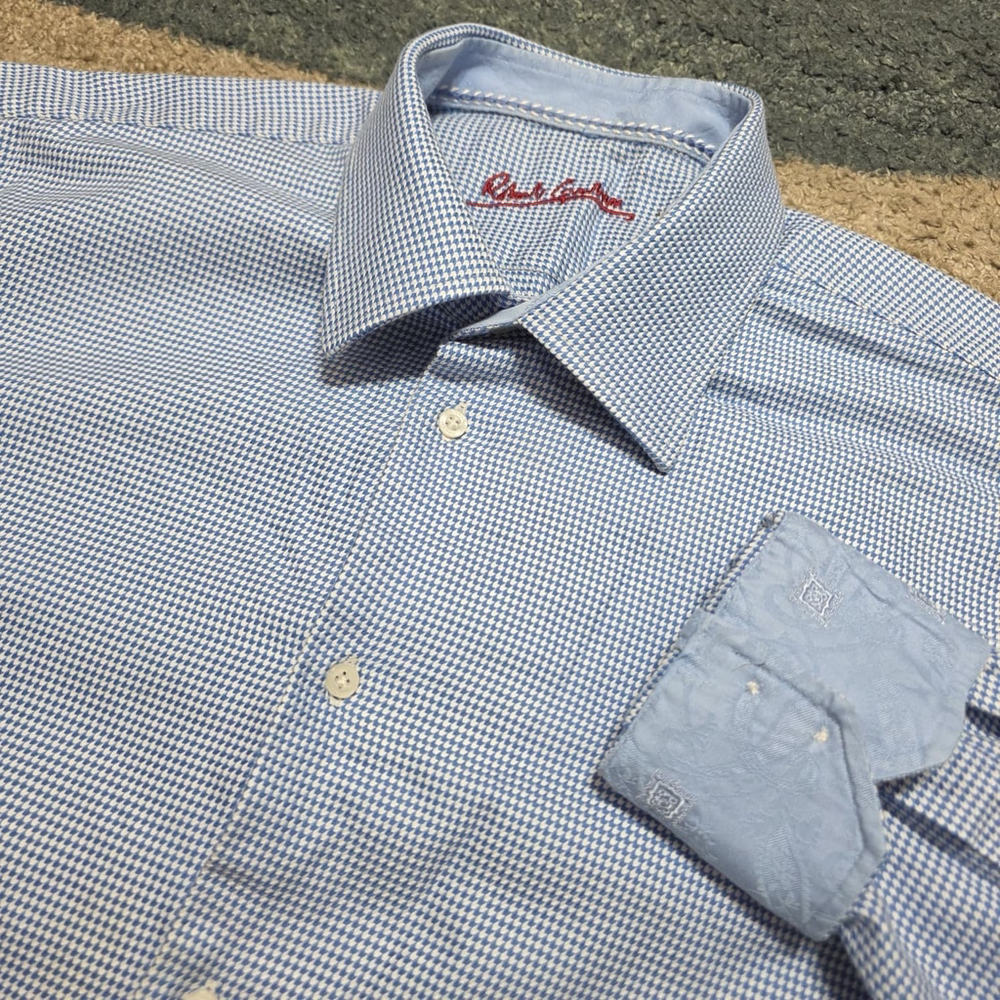 Robert Graham 17.5 44 XL Blue Geometric Button Down Shirt 100% Cotton Flip Cuff
